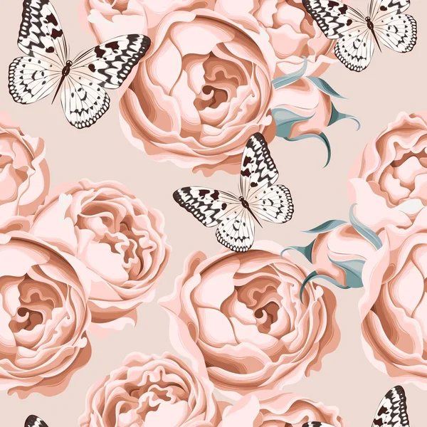 无缝牡丹玫瑰与蝴蝶 — 图库矢量图片