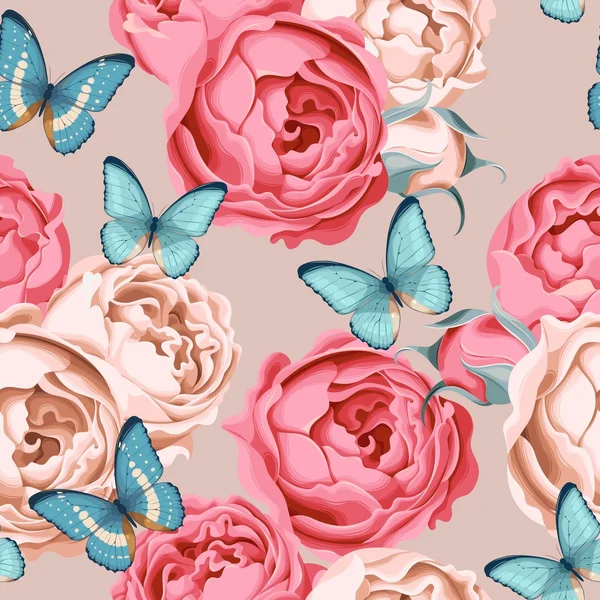 Rosas de peonía sin costuras y mariposa — Vector de stock