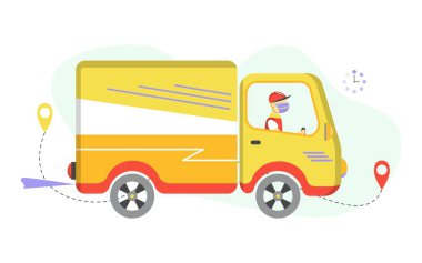 Düz çizgi film tarzında taşıyıcı illüstrasyon. Kamyon kullanan maskeli bir kurye..