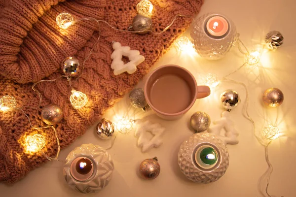 New Year Flat Lay Candles Garland Cocoa Mug Knitted Sweater — Stock Photo, Image