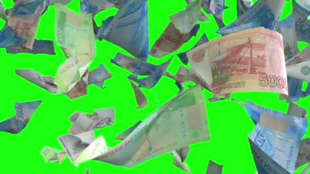 Falling Russian Ruble Banknotes Green Chroma Key Loopable — Stock Video
