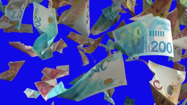 Vallende Israëlische New Shekel Bankbiljetten Blue Chroma Key Loopbaar — Stockvideo