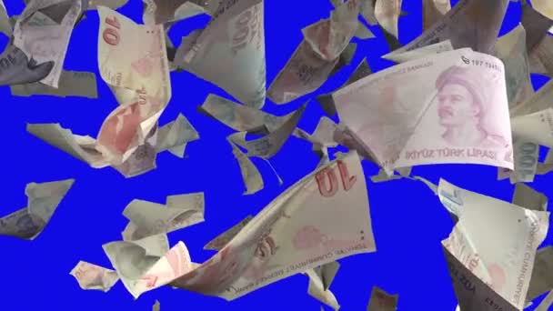 Fallende Türkische Lira Banknoten Auf Blue Chroma Key Loopable — Stockvideo