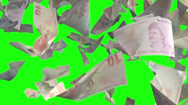 緑のクロマキーでトルコリラ紙幣を落下 Loopable — ストック動画