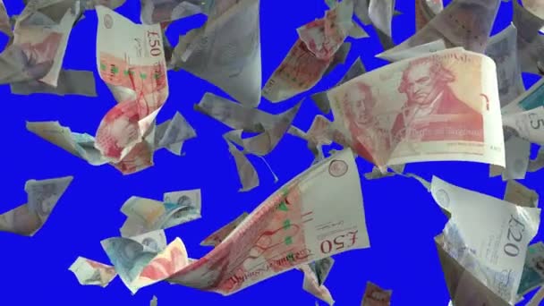 Caída Los Billetes Libra Esterlina Británica Clave Croma Azul Loopable — Vídeo de stock