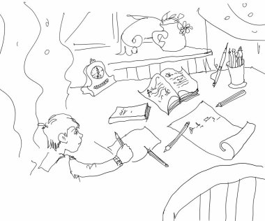 Ödevdeki çocuk, oğlanla klasik stil çizimi, öğrenme, okuma ve çizim ile meşgul. Tecrit ve tecrit teması. Mürekkep ve kalem..