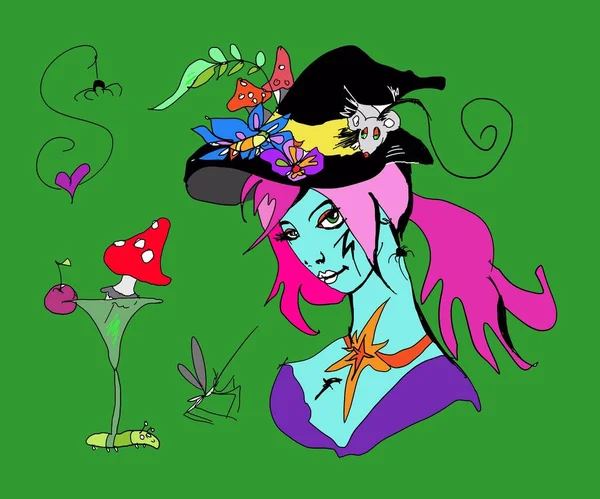 Cadılar Bayramı çizgi film karakterleri el çizimi, güzel cadılar ve Cadılar Bayramı temalı hayaletler, balkabakları..