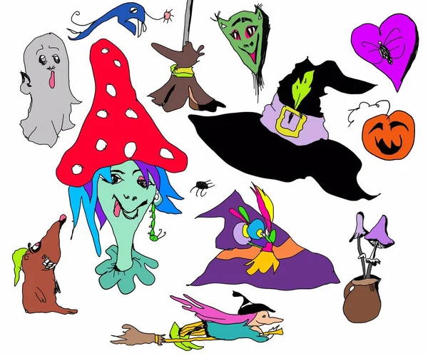 Divertenti Personaggi Halloween Disegno Mano Del Fumetto Streghe Graziose Tema — Foto Stock