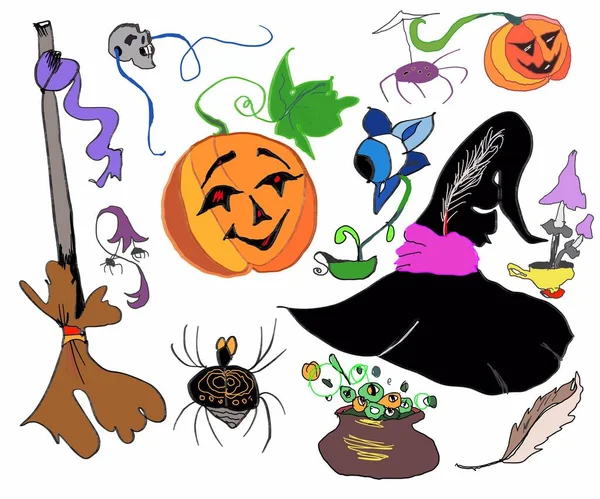 Divertenti Personaggi Halloween Disegno Mano Del Fumetto Streghe Graziose Tema — Foto Stock