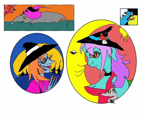 Halloween Fun Characters Cartoon Hand Drawing Pretty Witches Halloween Theme — Stock Photo, Image