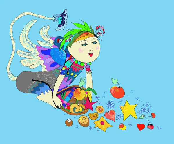 Noel meleği ya da kışın Anka kuşu hediyeler, elmalar, bisküviler, şekerler ve kar taneleriyle. xmas dekor 