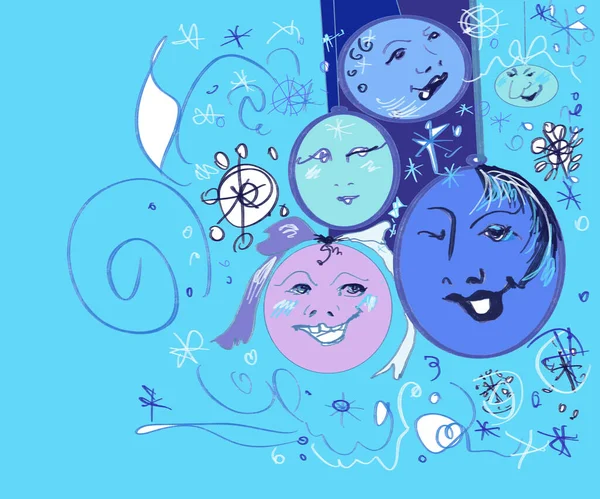 Yüzleri ve gülümseyen resimleriyle Noel ağacı süsleri, kar taneleri ve xmas dekorları 