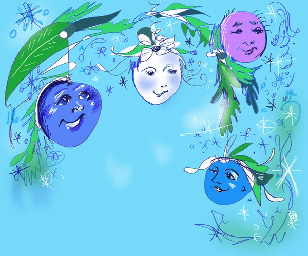 Yüzleri ve gülümseyen resimleriyle Noel ağacı süsleri, kar taneleri ve xmas dekorları 