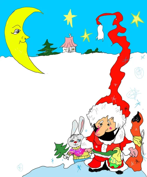 Mutlu Noeller ve mutlu yıllar. Yeni kozmik mesafe ve Noel tecrit altında, Noel Baba ilaç maskesi, tavşan ve ay takıyor.