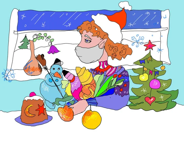 Mutlu Noeller ve mutlu yıllar. Yeni Noel 'de elf, kardan adam ve Noel hediyeleriyle birlikte ilaç maskesi takıyor. 