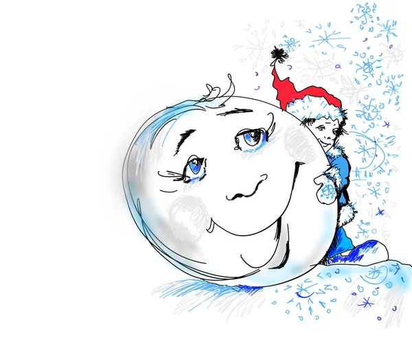 Весёлое Снежное Рождество Снежком Детскими Иллюстрациями Винтажном Стиле — стоковое фото