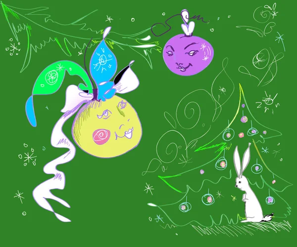 Gülümseyen ve tavşan bekleyen Noel hediyeleri Noel arifesinde Noel ağacı. 