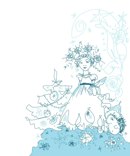 Yılbaşı partisindeki güzel kıza kar taneleri taç takar. Yılbaşı arifesi ve Noel tebrik kartı ve illüstrasyon. 