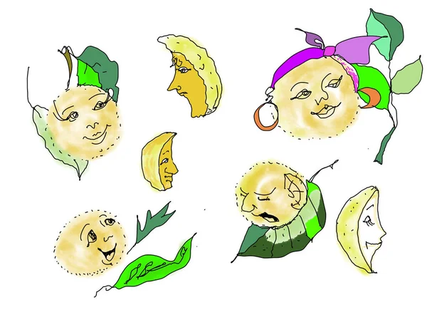 Limonlar ve misket limonları. Komik meyve karakterleri duygusal el çizimleriyle karşı karşıya. 