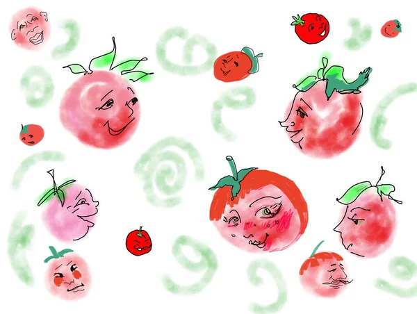 Domates-komik karakterler, el yapımı sebzeler ve meyveler - herkes için sağlıklı ve eğlenceli yiyecekler