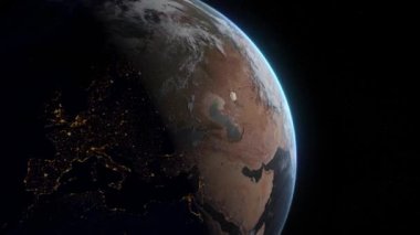 Dünyamız uzaydan gece şehir ışıklarıyla görüldü. Avrupa uzaydan görünüyor. 3 Boyutlu Canlandırma