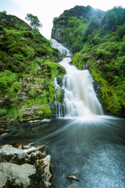 Mountain River, İrlanda Vahşi Atlantik Yolu 'ndaki Donegal İlçesi' nin yamaçlarından aşağı dökülüyor.
