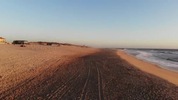 Vol sur le rivage sablonneux de l'océan tôt le matin, Portugal, Furadouro. — Video