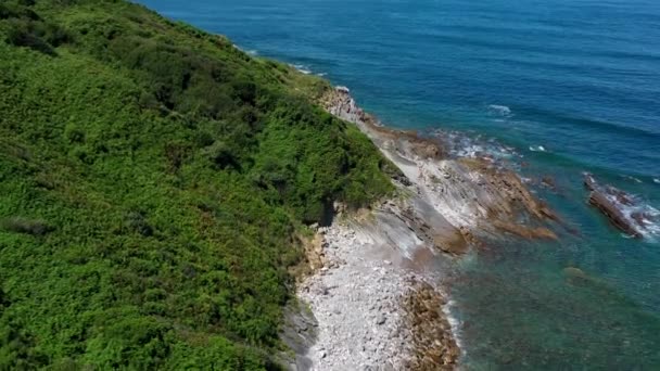 Légi kilátás sziklás óceán partján zöld dombok. — Stock videók