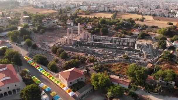 Luchtfoto van de grootste antieke Griekse tempel van Apollo in Didim, Turkije. — Stockvideo