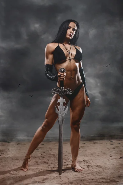 Sexy Fantasy Warrior Woman With Big Sword With Smoke