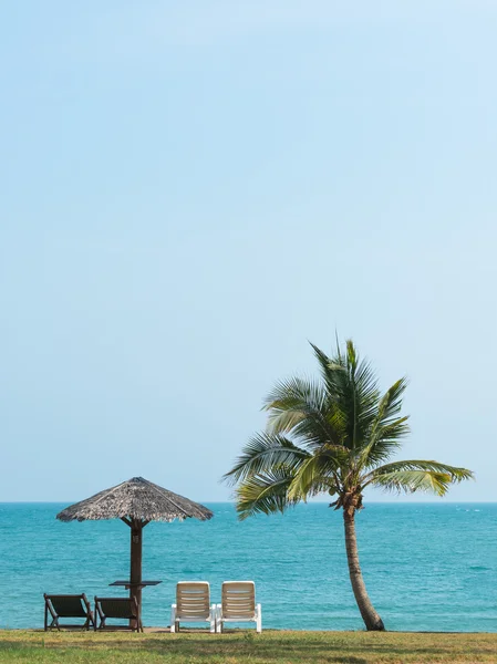 躺椅、 海和棕榈树，在夏天非常美丽的大自然 免版税图库图片