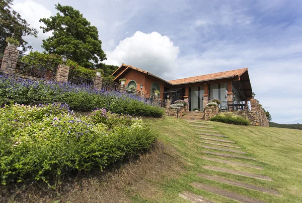 Mavi gökyüzü ile büyük banliyö ev