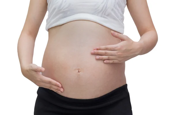 A coceira, dor de barriga grávida, Isolado contra fundo branco — Fotografia de Stock