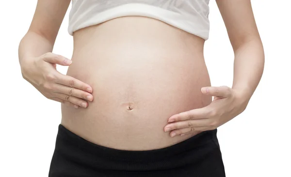 A coceira, dor de barriga grávida, Isolado contra fundo branco — Fotografia de Stock