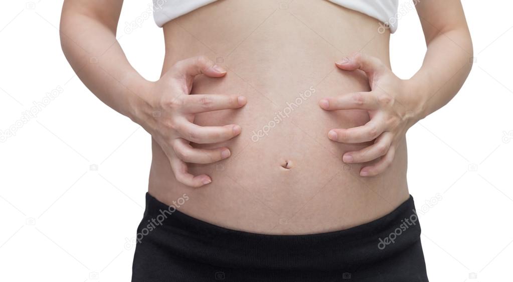 The itch,pain of pregnant belly, Isolated against white background