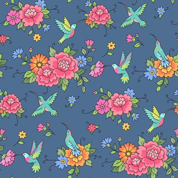Les colibris volent parmi les fleurs — Image vectorielle
