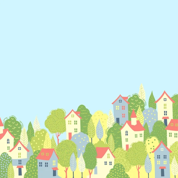 Χαριτωμένα σπίτια στα πράσινα δέντρα — Διανυσματικό Αρχείο