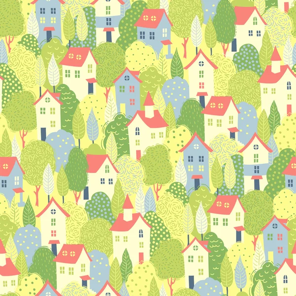Schöne Häuser in den grünen Bäumen — Stockvektor