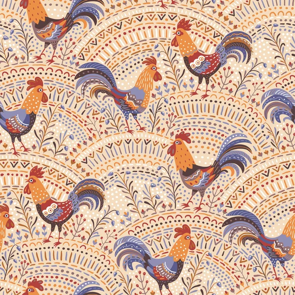 Lindos gallos en adorno floral — Archivo Imágenes Vectoriales