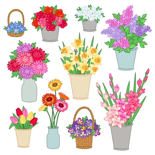 Zestaw bukiety kwiatów w wiadrach — Wektor stockowy