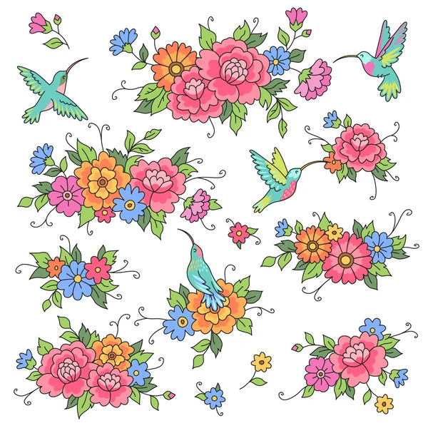 Bloemen en vogels — Stockvector