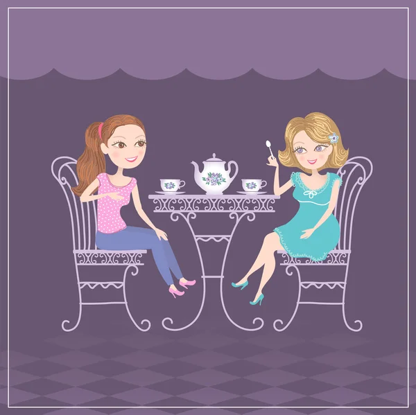 Two girlfriends meeting in cafe — Stock Vector