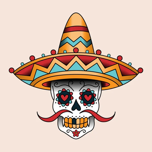 Mexican sugar scull in sombrero. — Stock Vector