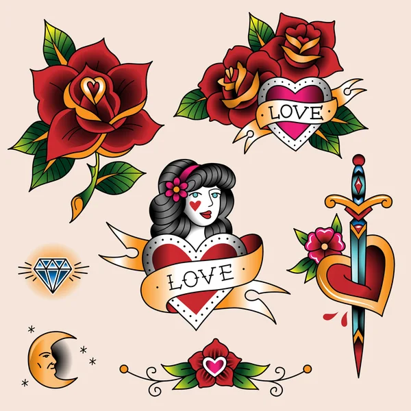 Conjunto de tatuajes románticos — Vector de stock