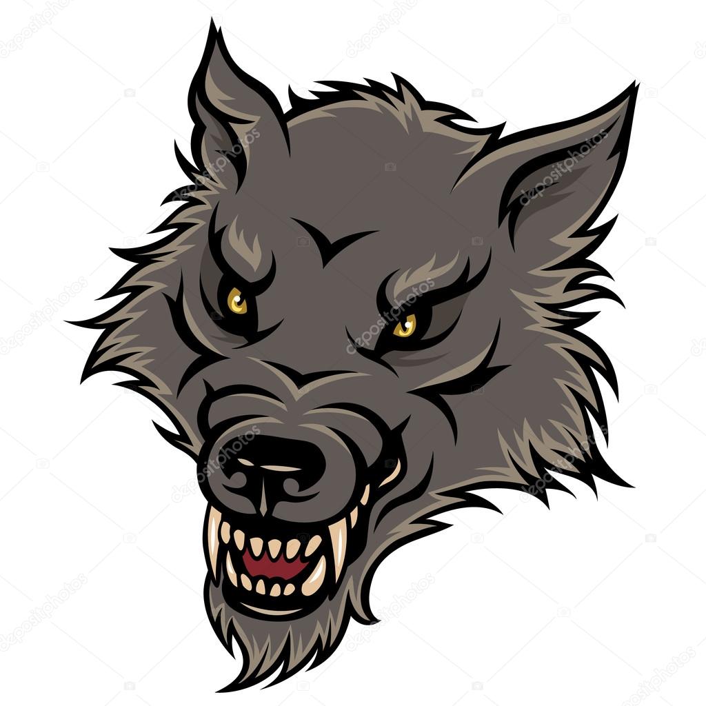 Stylized head of agressive wolf.