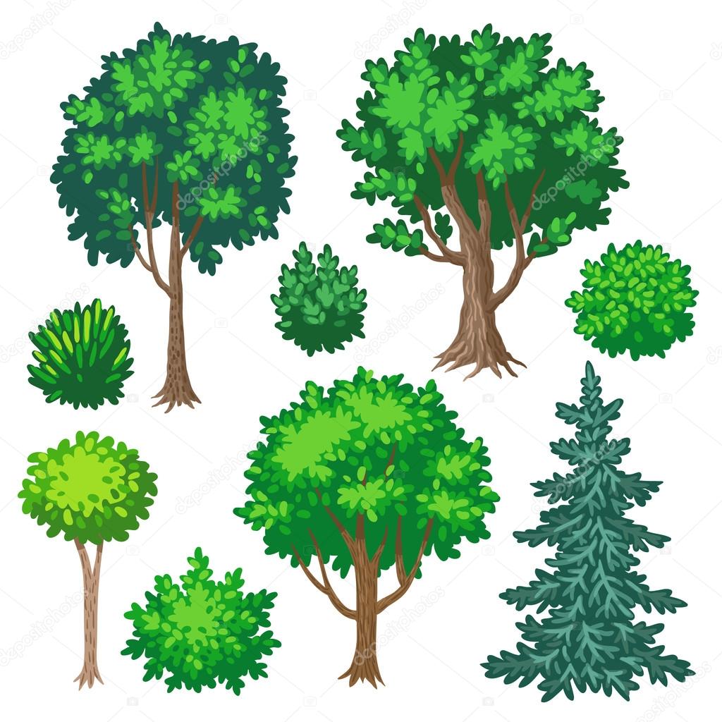 Cartoon trees and shrubs