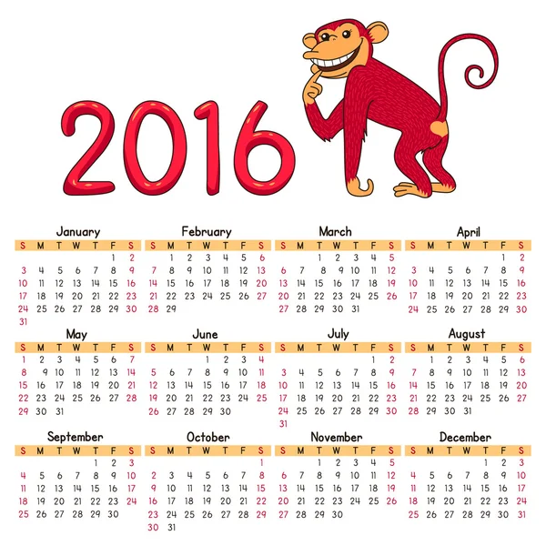 赤猿とカレンダー 2016 年 — ストックベクタ