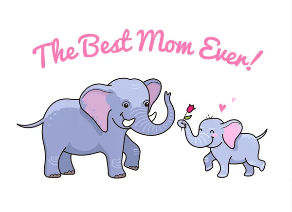 Little elephant gives a flower to mom — Stock Vector