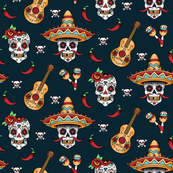 Mexican sugar skulls with chili peppers — Stock Vector