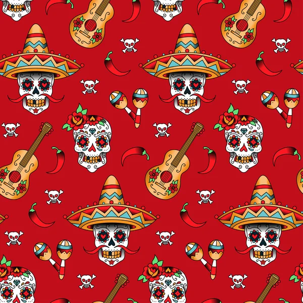 Mexican sugar skulls with chili peppers — Stock Vector